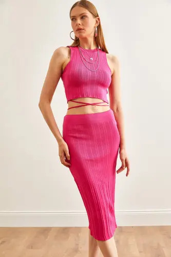 Women Fuchsia Top Strappy Blouse Skirt Knitwear Set TKM - 4