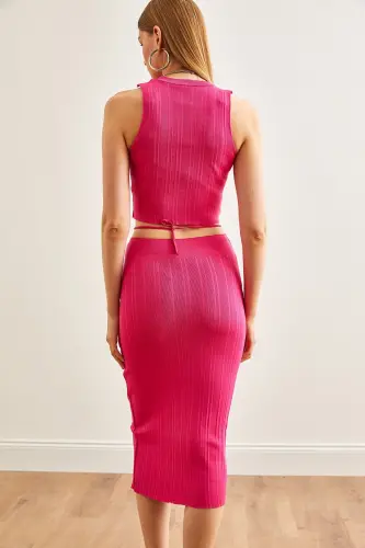 Women Fuchsia Top Strappy Blouse Skirt Knitwear Set TKM - 5