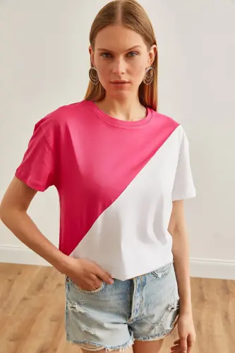Women Fuchsia White Asymmetric Blocked T-Shirt TSH-1900 - 3