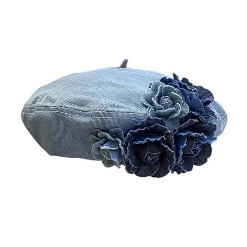 Women Girls Denim Beret French Hat Casual Sun Hat with Adjustable Strap - MODAZONE