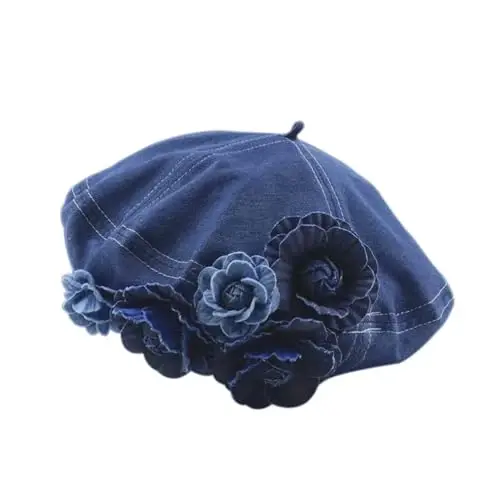 Women Girls Denim Beret French Hat Casual Sun Hat with Adjustable Strap - 1