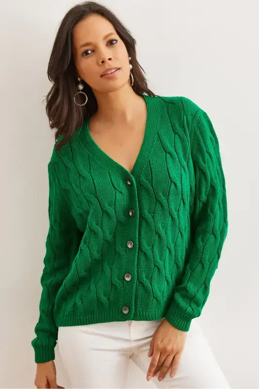 Women Grass Green Braided Knitted Cardigan HRK-19000298-Grass Green - Modazone