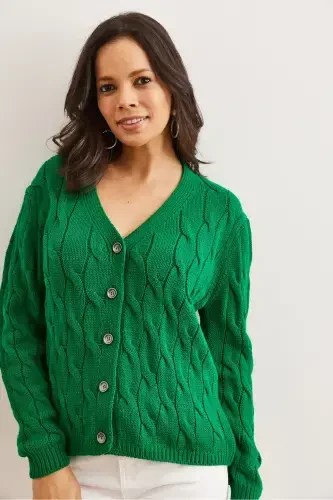 Women Grass Green Braided Knitted Cardigan HRK-19000298-Grass Green - 4