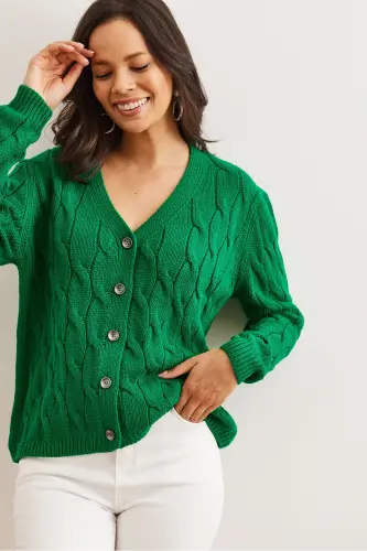 Women Grass Green Braided Knitted Cardigan HRK-19000298-Grass Green - 3