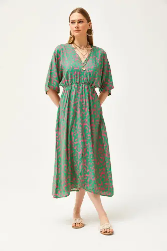 Women Grass Green Crossover Neck Bat Sleeve Elastic Waist Woven Dress ELB-19002084-Grass Green - 3