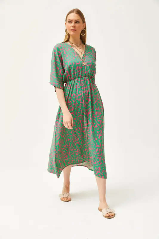 Women Grass Green Crossover Neck Bat Sleeve Elastic Waist Woven Dress ELB-19002084-Grass Green - 4