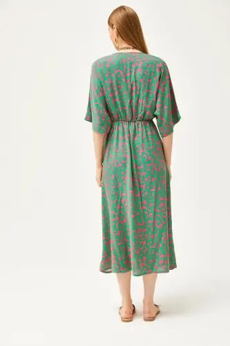 Women Grass Green Crossover Neck Bat Sleeve Elastic Waist Woven Dress ELB-19002084-Grass Green - 5
