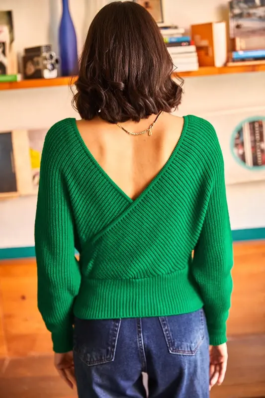 Women Grass Green Front Back Crossover Waist Crop Knitwear Sweater KZK-19000076-Grass Green - 5