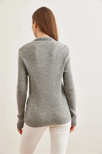Women Gray Funnel Neck Zigzag Textured Soft Knitwear Sweater KZK-19000447-Gray - OLALOOK (1)