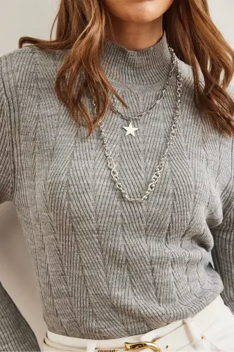 Women Gray Funnel Neck Zigzag Textured Soft Knitwear Sweater KZK-19000447-Gray - 6