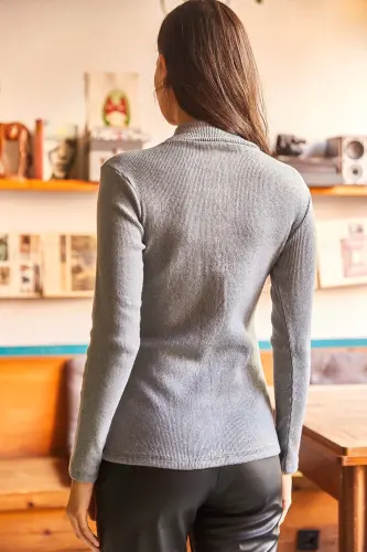 Women Gray Half Turtleneck Brushed Corset Blouse BLZ-19000599-Gray - 5