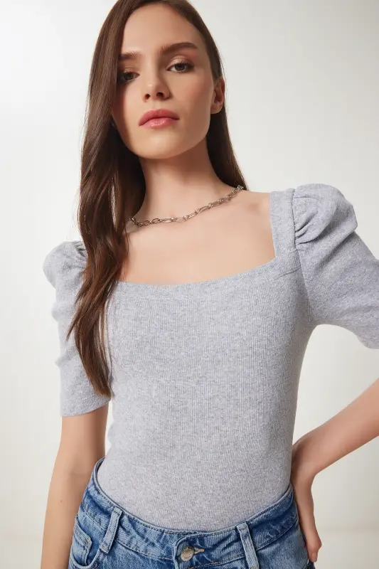 Women Gray Melange Square Neck Ribbed Crop Blouse GT00007-Gray Melange - 2
