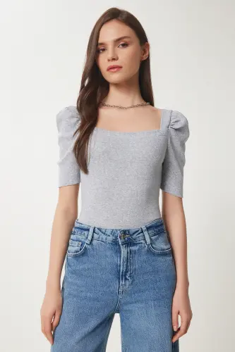 Women Gray Melange Square Neck Ribbed Crop Blouse GT00007-Gray Melange - 3