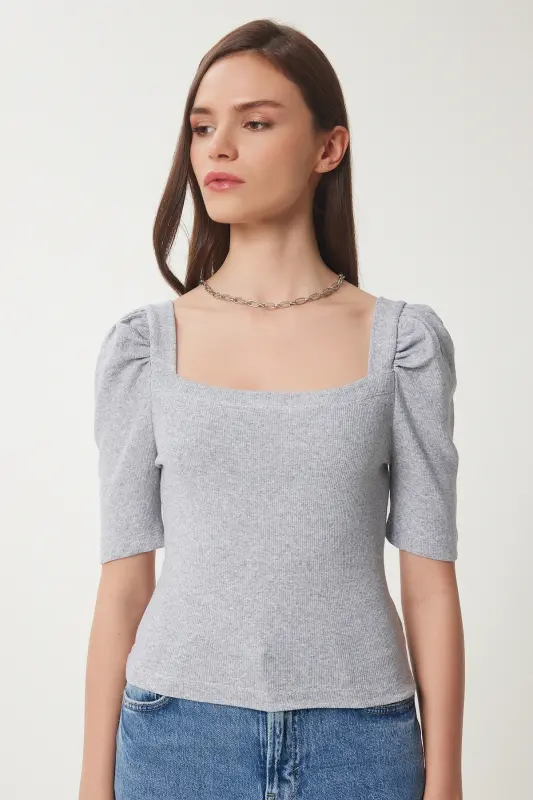 Women Gray Melange Square Neck Ribbed Crop Blouse GT00007-Gray Melange - 4
