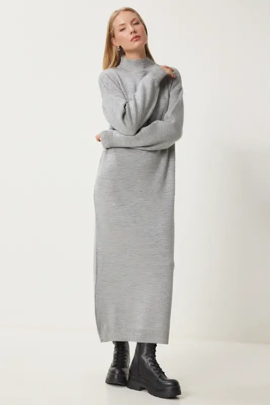 Women Gray Melange Turtleneck Long Knitted Dress DD01344-Gray Melange - 3