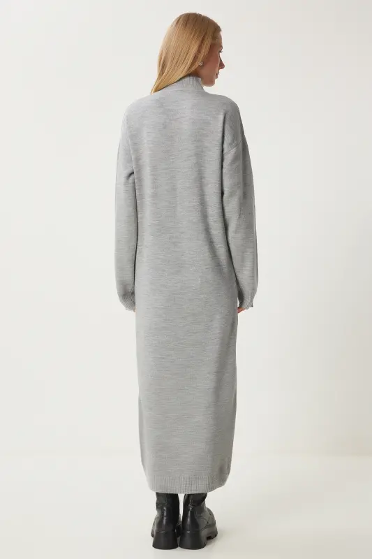Women Gray Melange Turtleneck Long Knitted Dress DD01344-Gray Melange - 6