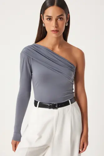 Women Gray One Shoulder Gathered Detail Knitted Blouse ZH00032-Gray - HAPPINESS İSTANBUL (1)