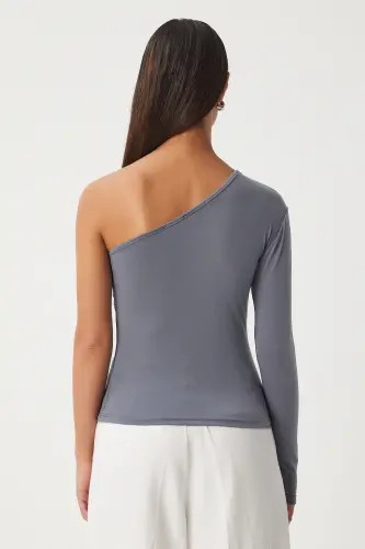Women Gray One Shoulder Gathered Detail Knitted Blouse ZH00032-Gray - 5