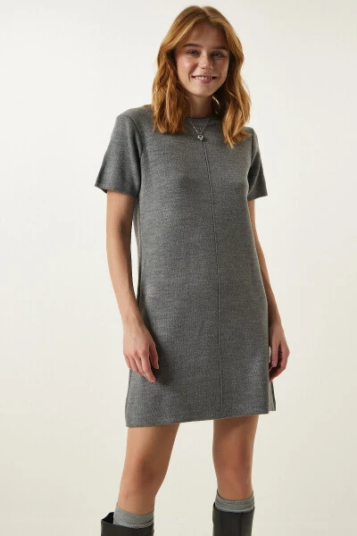Women Gray Soft Touch Mini Knitted Dress DP00197 - HAPPINESS İSTANBUL (1)