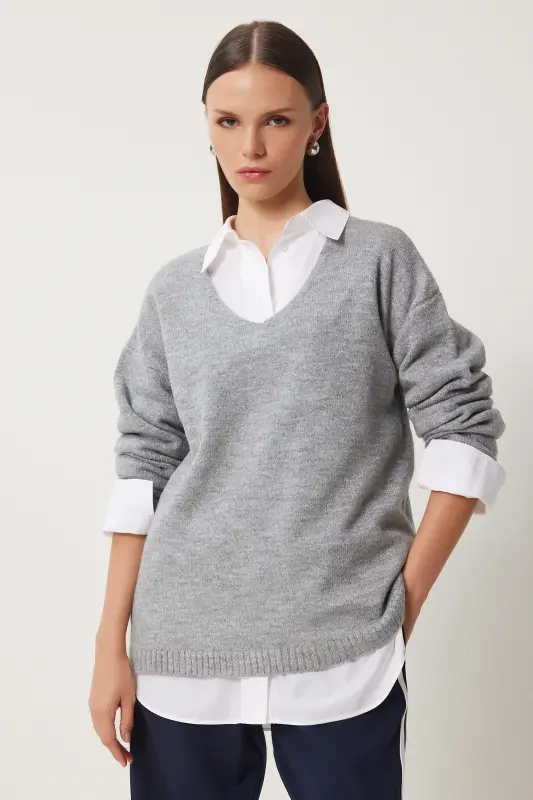 Women Gray V Neck Knit Sweater ZA00063-Gray - 2