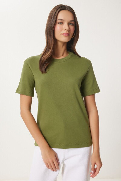 Women Green Cotton Basic Knitted T-Shirt AG00001-Green - 1