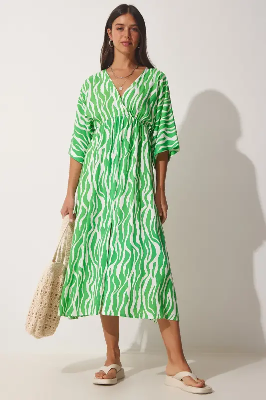 Women Green Deep V Neck Summer Long Viscose Dress CI00081-Green - 1