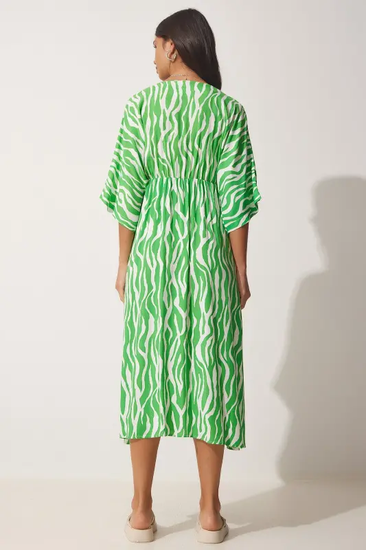 Women Green Deep V Neck Summer Long Viscose Dress CI00081-Green - 2