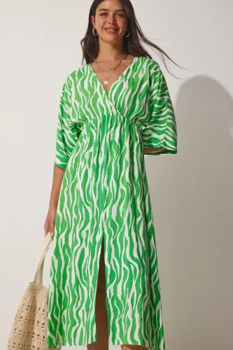 Women Green Deep V Neck Summer Long Viscose Dress CI00081-Green - 3