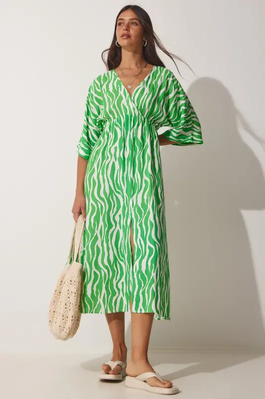 Women Green Deep V Neck Summer Long Viscose Dress CI00081-Green - 4