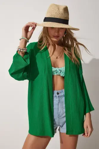 Women Green Layered Collar Textured Seasonal Jacket DD01064-Green - 1