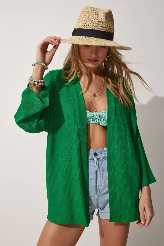 Women Green Layered Collar Textured Seasonal Jacket DD01064-Green - HAPPINESS İSTANBUL