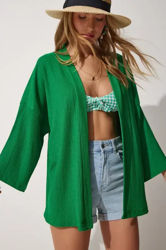 Women Green Layered Collar Textured Seasonal Jacket DD01064-Green - 2