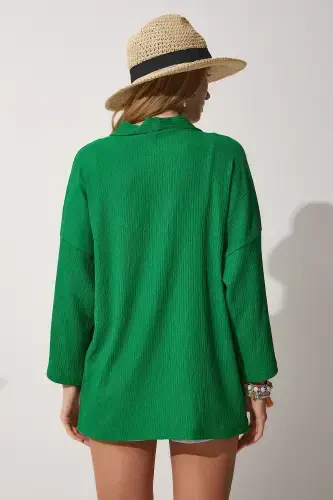 Women Green Layered Collar Textured Seasonal Jacket DD01064-Green - 5