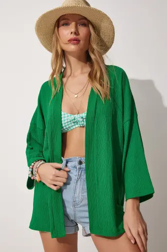 Women Green Layered Collar Textured Seasonal Jacket DD01064-Green - 3