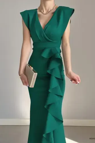Women Green Scuba Diver Fabric Crossover Collar Skirt Ruffled Evening Graduation Wedding Dress-green - ALFUDO MODA COLLECTION (1)