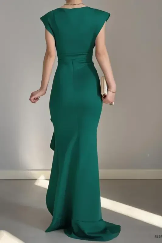 Women Green Scuba Diver Fabric Crossover Collar Skirt Ruffled Evening Graduation Wedding Dress-green - 3