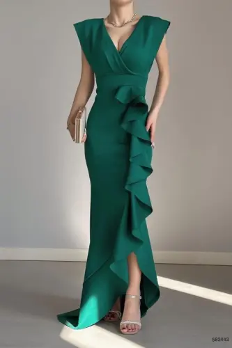 Women Green Scuba Diver Fabric Crossover Collar Skirt Ruffled Evening Graduation Wedding Dress-green 