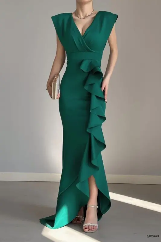 Women Green Scuba Diver Fabric Crossover Collar Skirt Ruffled Evening Graduation Wedding Dress-green - 1