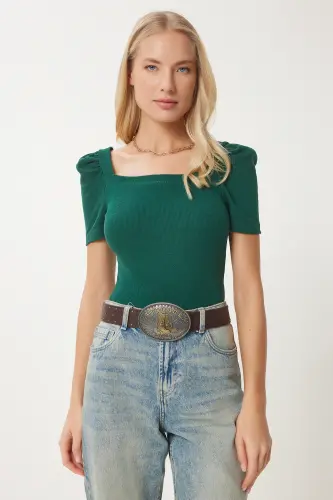 Women Green Square Neck Ribbed Crop Blouse GT00007-Green - 1