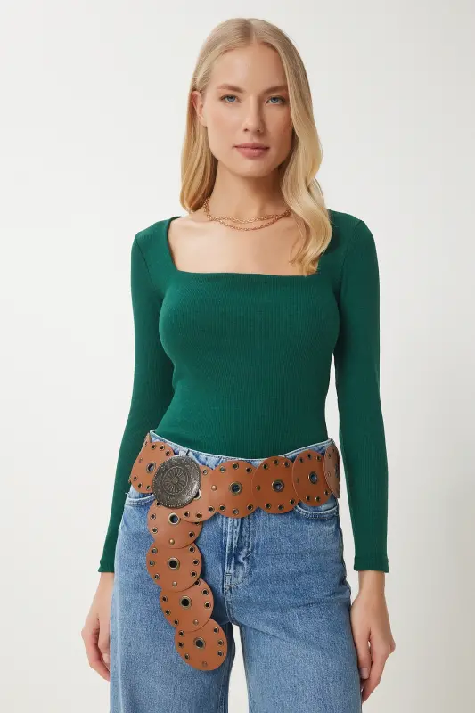 Women Green Square Neck Ribbed Knit Blouse GT00052 - HAPPINESS İSTANBUL