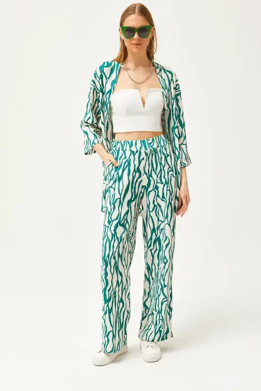 Women Green Top Kimono Bottom Pocketed Pants Set TK - 1