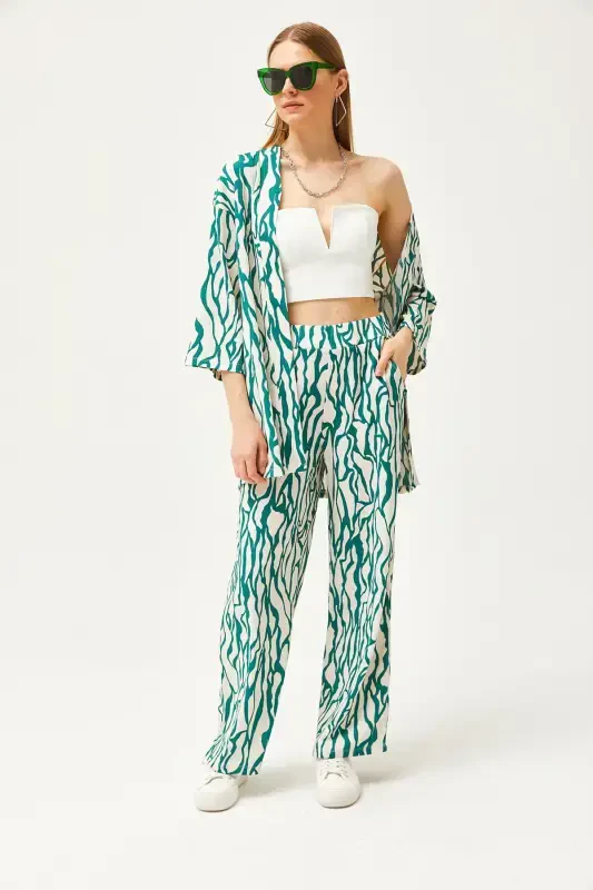 Women Green Top Kimono Bottom Pocketed Pants Set TK - 2