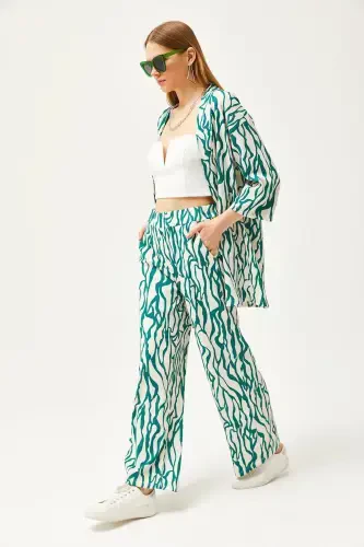 Women Green Top Kimono Bottom Pocketed Pants Set TK - 4