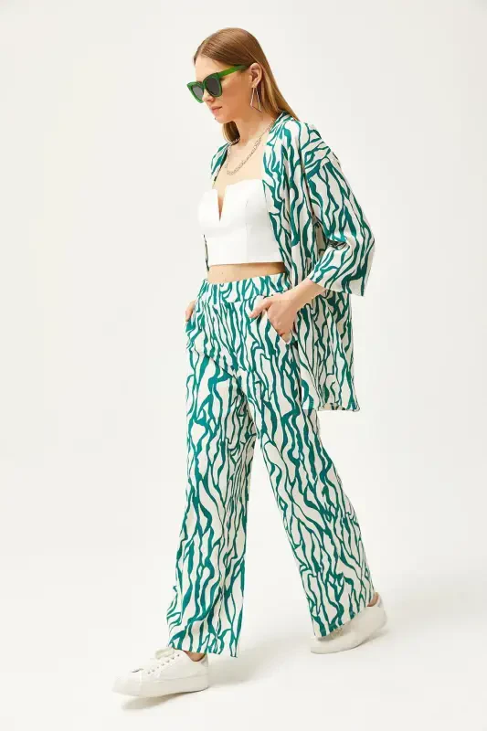 Women Green Top Kimono Bottom Pocketed Pants Set TK - 4