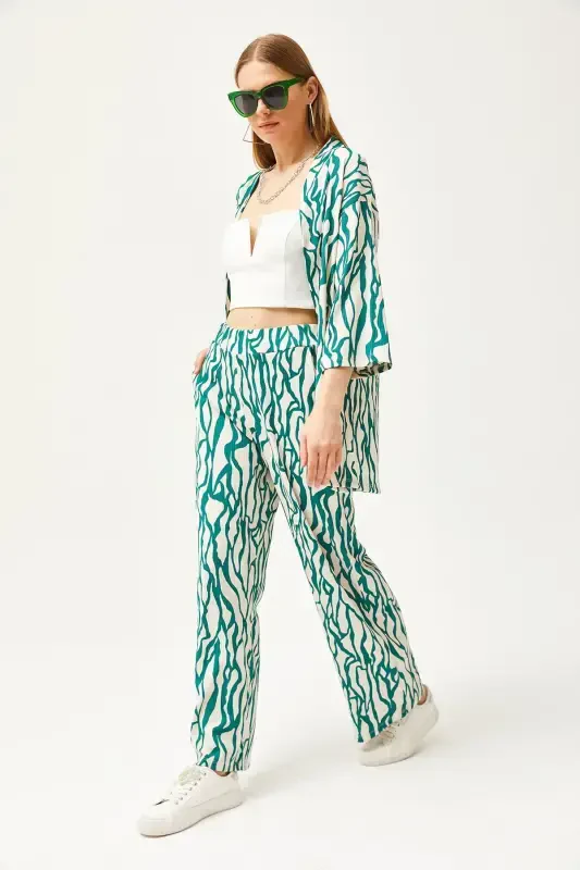 Women Green Top Kimono Bottom Pocketed Pants Set TK - 5