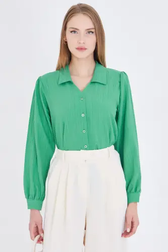 Women Green V Neck Balloon Sleeve Crinkle Blouse ARM-25K001088-Green - 4