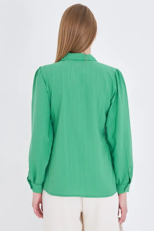 Women Green V Neck Balloon Sleeve Crinkle Blouse ARM-25K001088-Green - 6