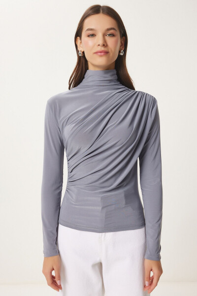 Women Grey Gathered Detailed Stand-up Collar Sandy Blouse FF00135 - 4