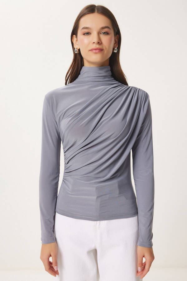 Women Grey Gathered Detailed Stand-up Collar Sandy Blouse FF00135 - 4