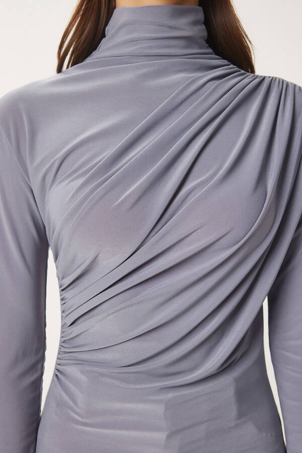 Women Grey Gathered Detailed Stand-up Collar Sandy Blouse FF00135 - 5